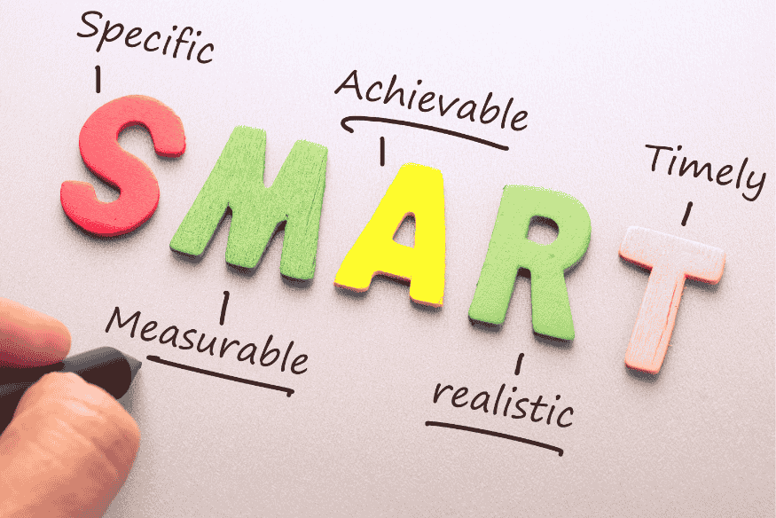 Das SMART-Modell in bunten Buchstaben, mit den Begriffen Specific, Measurable, Achievable, Realistic und Timely – visualisiert die Kriterien für wirksame finanzielle Mikroziele.