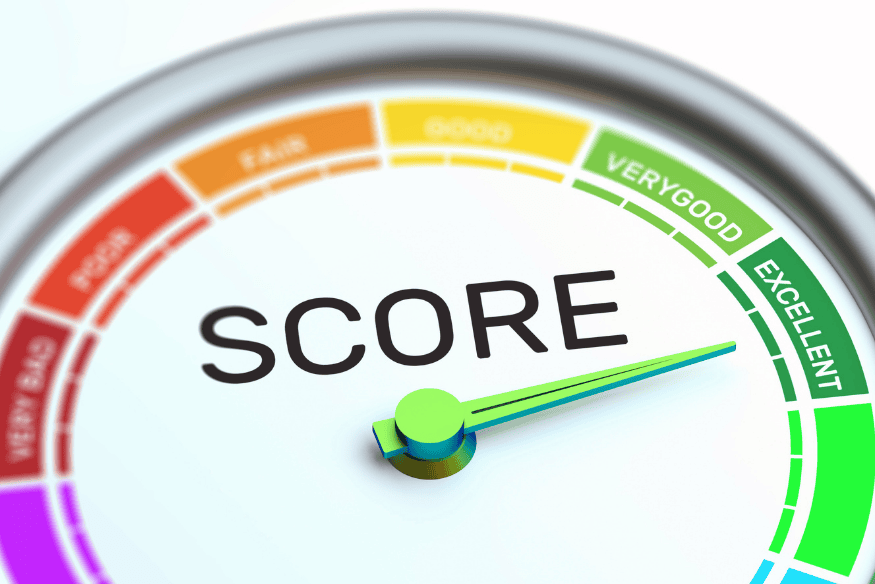 Eine farbige Skala zeigt den Kredit-Score-Bereich von „Very Bad“ bis „Excellent“, wobei der Zeiger auf „Very Good“ steht.