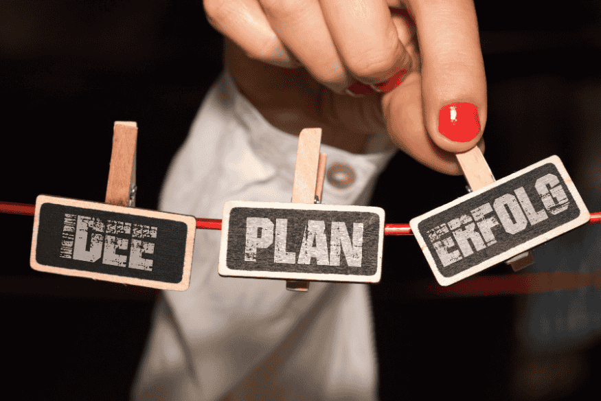 Hand hält Schilder mit den Worten Idee, Plan und Erfolg als Schritte zur gelungenen Gehaltsverhandlung